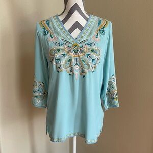 Soft Surrounding - Blue Embroidered Blouse - Size: XS